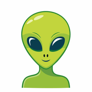 Green alien face portrait with large eyes and a friendly expression, cartoon illustration.