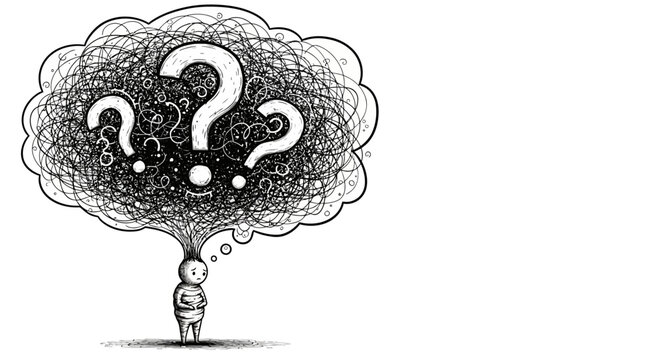 A man stands under a thought bubble filled with question marks and scribbles