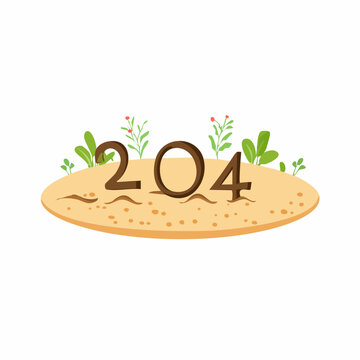 Illustration of the number 204 standing on a sandy patch with green plants