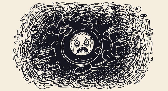 Anxious face surrounded by chaotic swirling lines and scribbles in black.