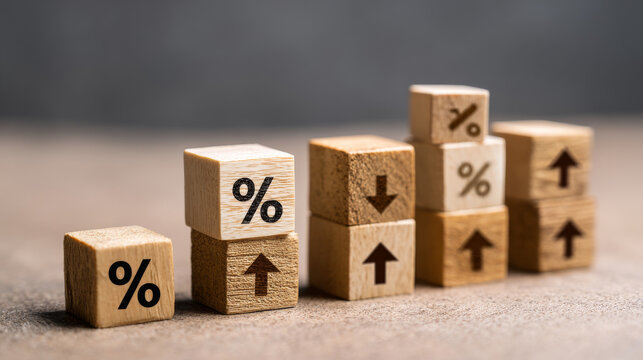 Business and finance concept. Economic and business analysis, risk management. Interest rate, stocks, financial, ranking, mortgage and loan rates. Wooden cubes with percent, up or down arrow icons.