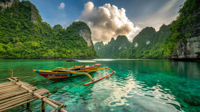 Colorful traditional bangka boat moored to a bamboo dock in a crystal clear turquoise tropical bay