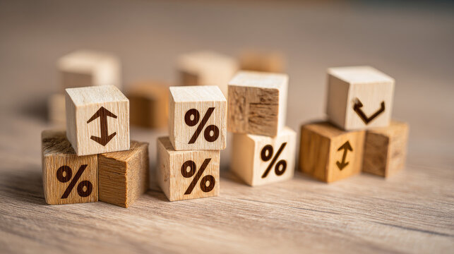 Business and finance concept. Economic and business analysis, risk management. Interest rate, stocks, financial, ranking, mortgage and loan rates. Wooden cubes with percent, up or down arrow icons.