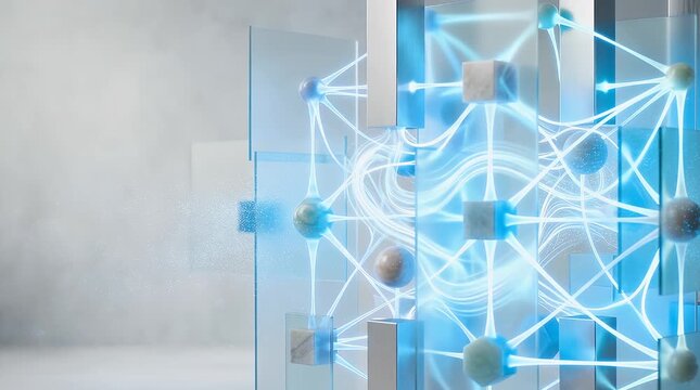 Ethereal Holographic Network Structure with Glowing Connections Gently Materializing in a Minimalist, Dimly Lit Environment