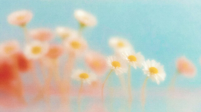 Soft blurred vintage background with Y2K flowers. Delicate bloom of a bouquet of flowers in warm pastel tones with a dreamy light leak and soft focus, creating a calm, romantic and aesthetic atmospher