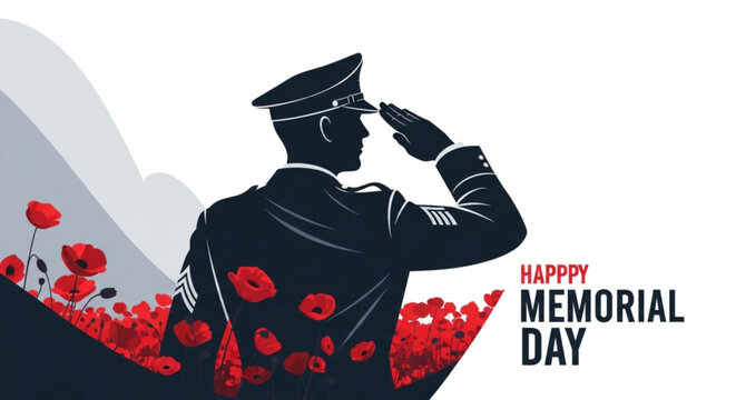 Soldier salutes amidst red poppies on memorial day with a serene mountain background