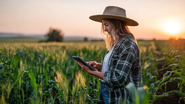 Female farmer inspecting her smart farm grain field. technology and send data to the cloud from the tablet. in the analysis and control of plant quality in the soil smart digital agriculture