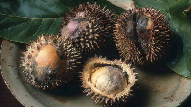 Phytophthora palmivora causes postharvest fruit rots on durian fruit. Symptoms: Brown-gray bruises are often found at the tip or bottom of the fruit, which later expand into circles