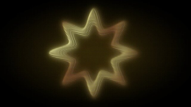 Golden Eight-Pointed Star Frame With Rotating Animation, Digital Dot Particles on Dark Background, Glowing Dot Grid 3D Geometric Shape, 4K Seamless Loop