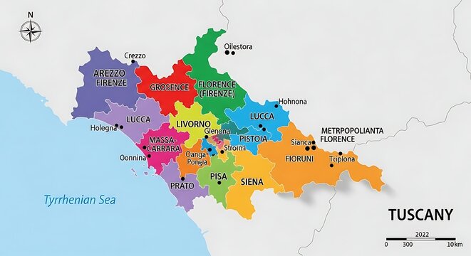 Detailed Map of Tuscany Region in Italy with Cities.