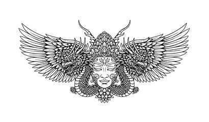 Obraz premium Symmetrical floral wings with twin dragon heads and mystical face Southeast Asian tattoo style vector illustration