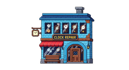 Obraz premium This charming blue brick clock repair shop features two stories filled with timepieces, a red awning, and a wooden bench outside the entrance.