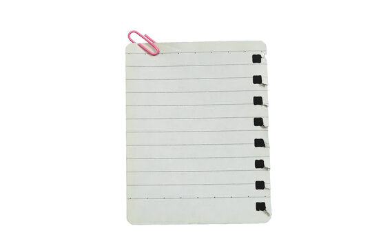 Single lined notebook sheet with pink paperclip isolated on transparent background PNG. Concepts of stationery, note taking, office supply, school material, mockup, planning, and design.