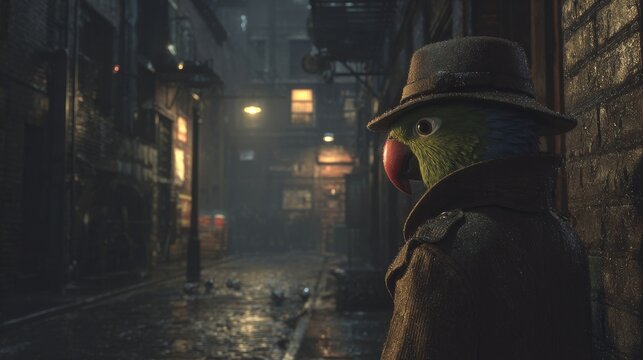 A parrot in a trench coat and fedora observes a city alley at night, mystery and atmosphere thick in the air
