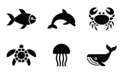Fototapeta premium Sea life animal icon collection including fish dolphin crab turtle jellyfish and whale.