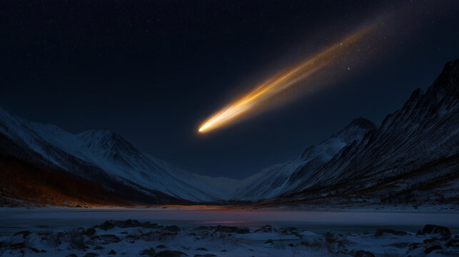Bright comet with golden fire trail above icy mountain valley at night, dramatic celestial motion over winter landscape, deep space atmosphere, glowing cosmic streak, epic astronom