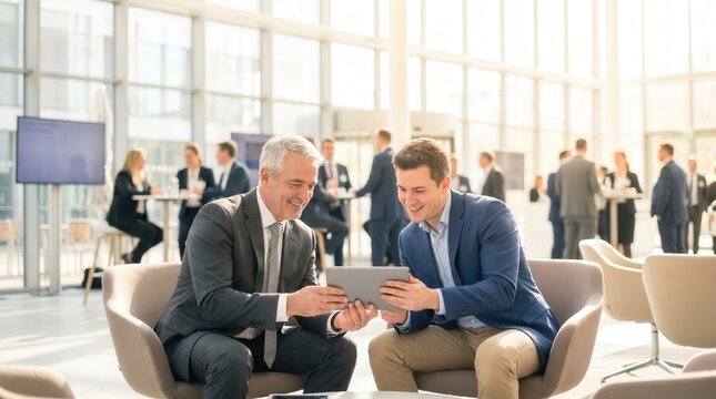 Senior businessman mentoring young colleague with tablet in modern office lobby. Professional collaboration and digital transformation in corporate workplace.
