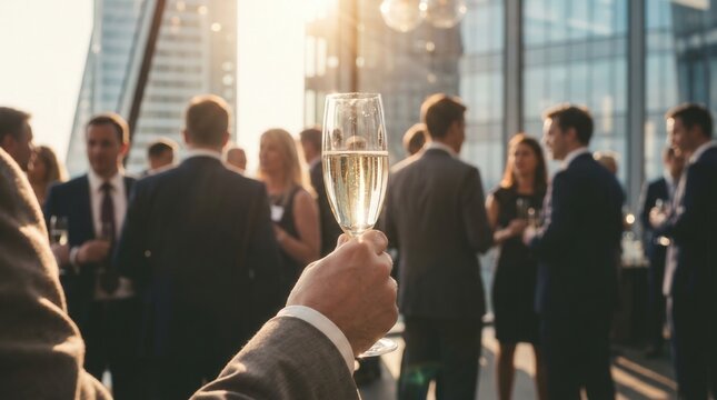 Close up of hand holding champagne glass at corporate celebration. Business team networking and toasting to success at modern office rooftop gala event.
