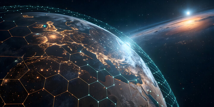 Global network on earth from space with connection lines and bright city lights.