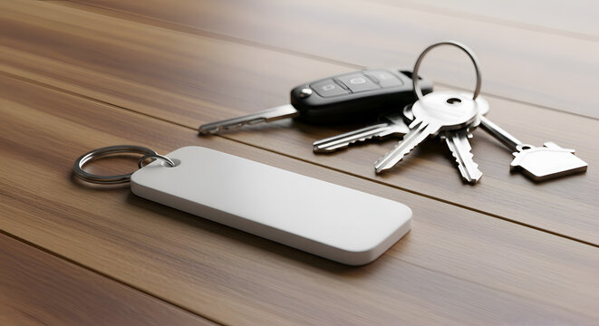 Keys and a key fob on table.