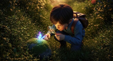 Fototapeta premium Curious boy examining magical glowing butterfly with a magnifying glass