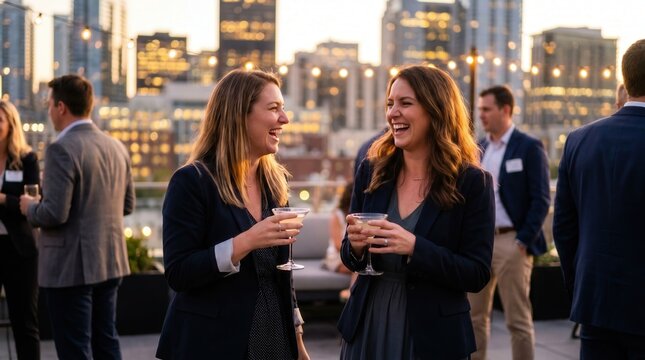 Two professional businesswomen laughing with cocktails at a rooftop networking event. Team celebration, after-work drinks and social gathering with city skyline.