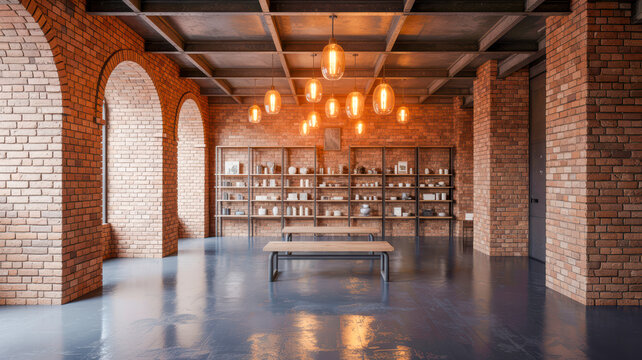Industrial loft interior design featuring exposed brick walls, open shelving, and vintage pendant lighting