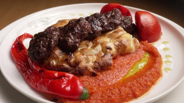 Traditional Turkish meatball dish rotating on a white plate in a restaurant, fa01