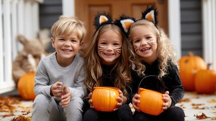 Fototapeta premium Three smiling kids in cat costumes, face paint, ears, holding pumpkin buckets, on porch amid pumpkins & leaves. Boy gray sweats girls black velvet. Wooden door, siding bg. Bright daylight. Realisti