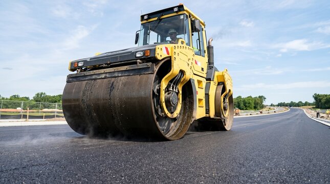 A yellow road roller compactor machine smooths asphalt on a highway construction site outdoors