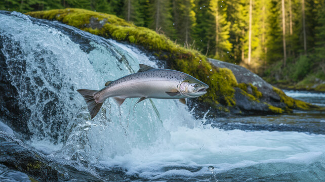 Large silver salmon fish leaps powerfully through the rushing white water spray while migrating upstream to spawn in the wild