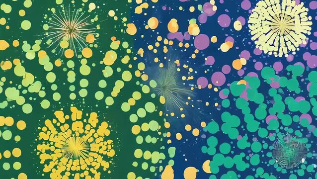 Bright decorative fireworks display exploding in the night sky. Colorful abstract light patterns and starburst shapes for celebration and festive party background.