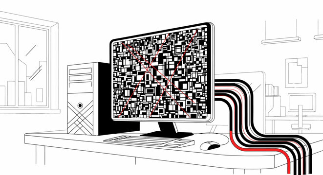 Abstract illustration of a desktop computer with a glitching screen and multiple data cables extending from it, set in an office.