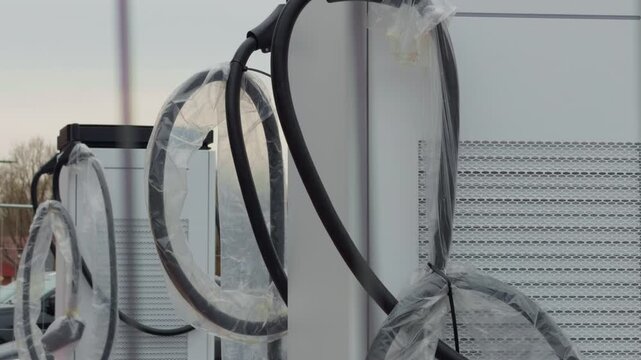Wrapped charging cables with connector loops and textured surface details. Metallic housing displays coiled cables and textured interface for product and eco presentation