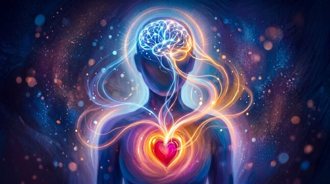 A vibrant illustration showing the connection between brain and heart energy in a glowing human figure surrounded by swirling light and cosmic particles.