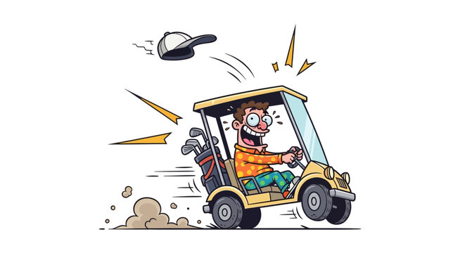 A man joyfully speeds in a golf cart, losing his hat.
