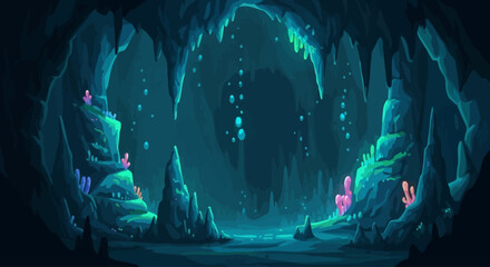 Enchanting underwater cave with bioluminescent flora and glowing water droplets © Umi
