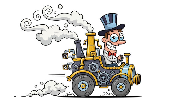 Funny man driving a vintage steampunk steam car with gears and smoke puffs