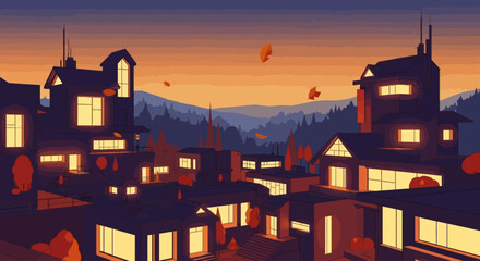 Obraz premium Cozy village houses at autumn twilight