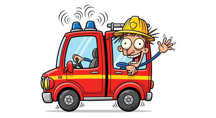 Fototapeta premium Funny cartoon firefighter driving a red fire engine and waving his hand