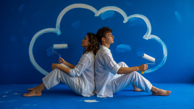 Young creative couple in white clothes sits back-to-back, eyes closed, holding paint rollers, envisioning a cloud painting design.