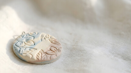 Obraz premium Handmade ceramic jewelry piece with botanical rose engraving and copy space