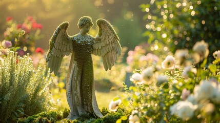 Fototapeta premium Stone angel statue stands in lush garden. Sunlight glows softly through blooming flowers. Peaceful and serene atmosphere surrounds the angel. Ideal for themes of peace, protection, or garden design