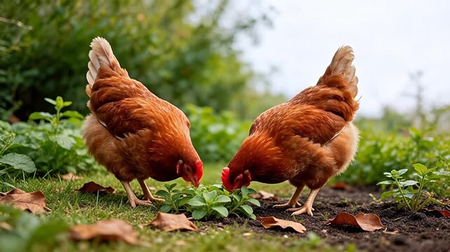 Two brown chickens foraging in grass