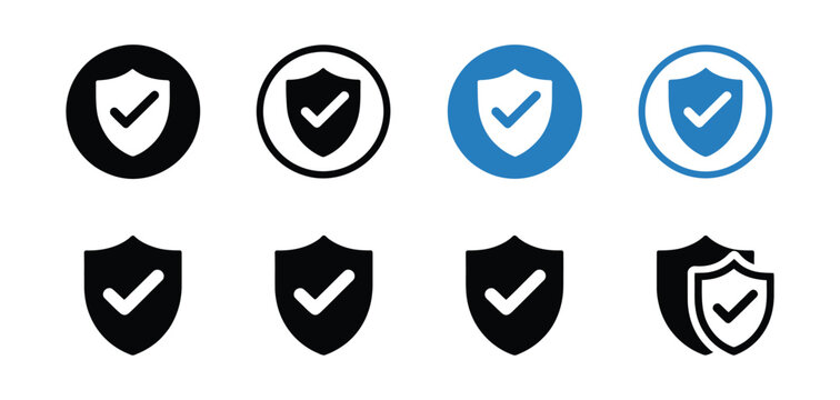 Security shield icons with check mark symbols, protection and safety verification concept flat vector design for cybersecurity, data protection, and authentication systems