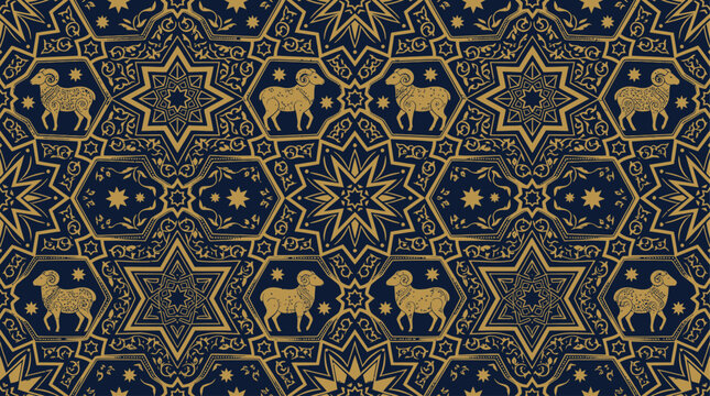 Exquisite Golden Geometric Pattern Featuring Lamb Motifs and Star Designs on Deep Navy Evoking Ancient Traditions and Spiritual Significance for Decorative Applications.
