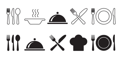 Set of restaurant icons cutlery plates bowls chef hats and serving domes in line styles. © MSTGIRATUN