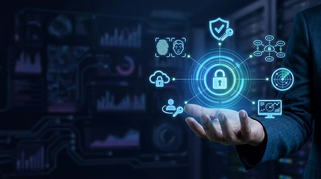Hand Holding Holographic Cybersecurity Icons on Dark Background