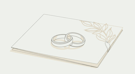 Minimalist wedding invitation card with intertwined rings and botanical design.