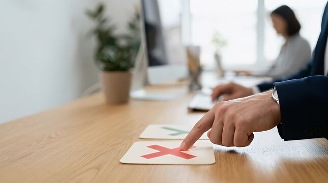 Business Professional Touching Red Cross Mark on Desk